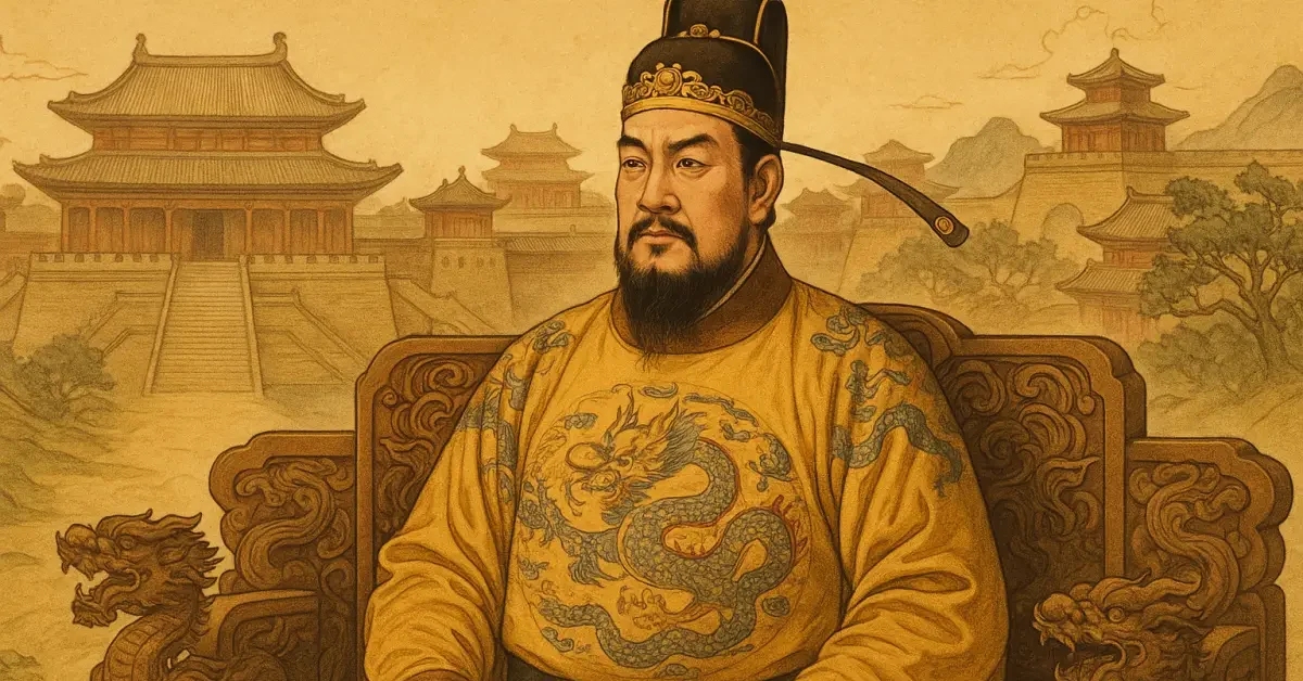 唐の太宗・李世民の想像図。龍袍で玉座に座し、宮殿を背景とする