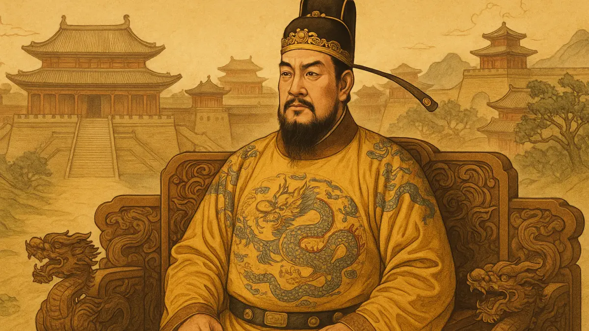 唐の太宗・李世民の想像図。龍袍で玉座に座し、宮殿を背景とする(貞観の治のイメージ)