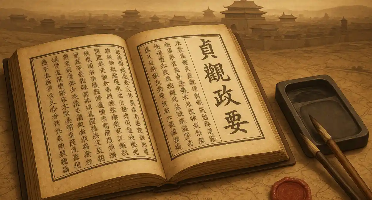 唐の太宗・李世民の政治書『貞観政要』。開いた書物と筆・硯、背景に長安の宮城