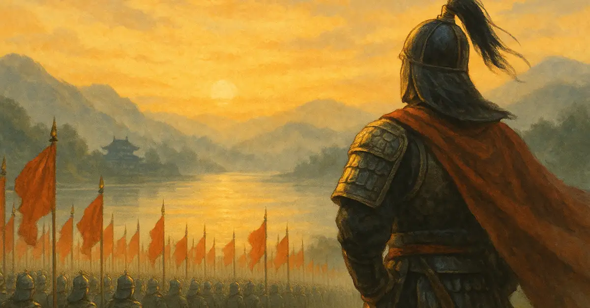 南宋の将・岳飛が夜明けの河畔で軍勢を見渡す。朝日に赤い軍旗がはためき、山並みと水面が金色に輝く北伐のイメージ。