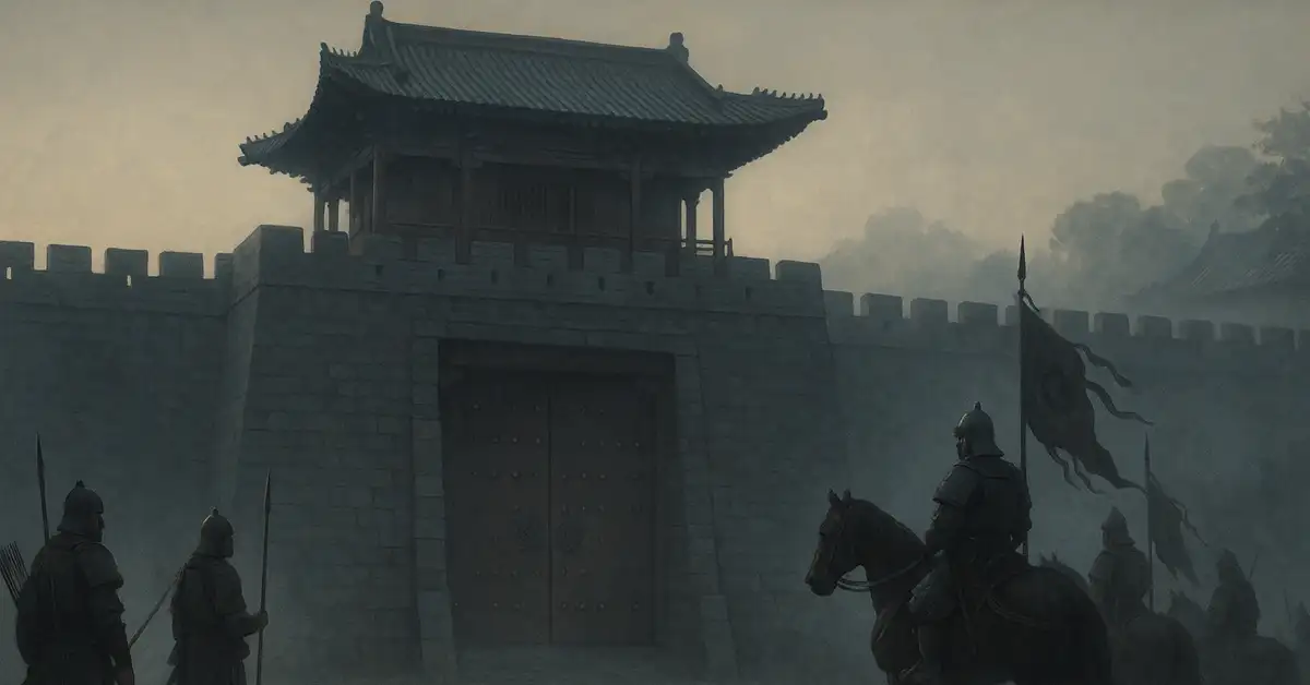 玄武門前の石畳と門楼、夜明けの薄明に展開する弓騎と歩兵（玄武門の変を示す想像図）