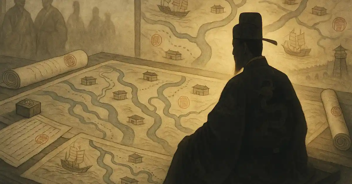 臨安の宮殿を俯瞰し、皇帝の背面シルエットと長江の水路・倉庫網を重ねた南宋統治イメージ