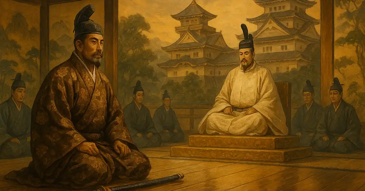 城を背景に、豊臣秀吉風の武将が正座して天皇と向かい合い、周囲を公家や家臣が取り囲む様子を描いた和風の歴史画