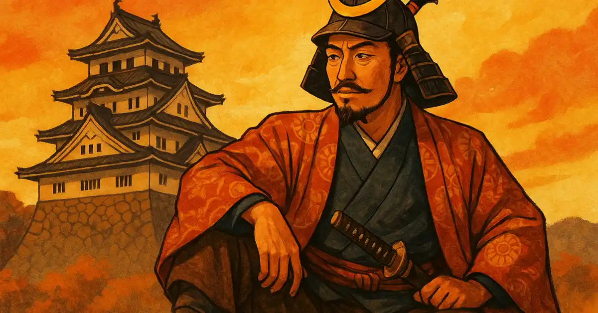 豊臣秀吉が大坂城風の天守を背に腰掛けるイラスト。農民出身から天下人へ出世した安土桃山時代の武将を描いたイメージ画像