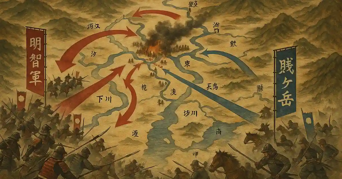 山間を流れる川と煙を上げる戦場を俯瞰し、左右から甲冑姿の武将たちの軍勢が進軍する、戦国時代の合戦地図風の横長イラスト