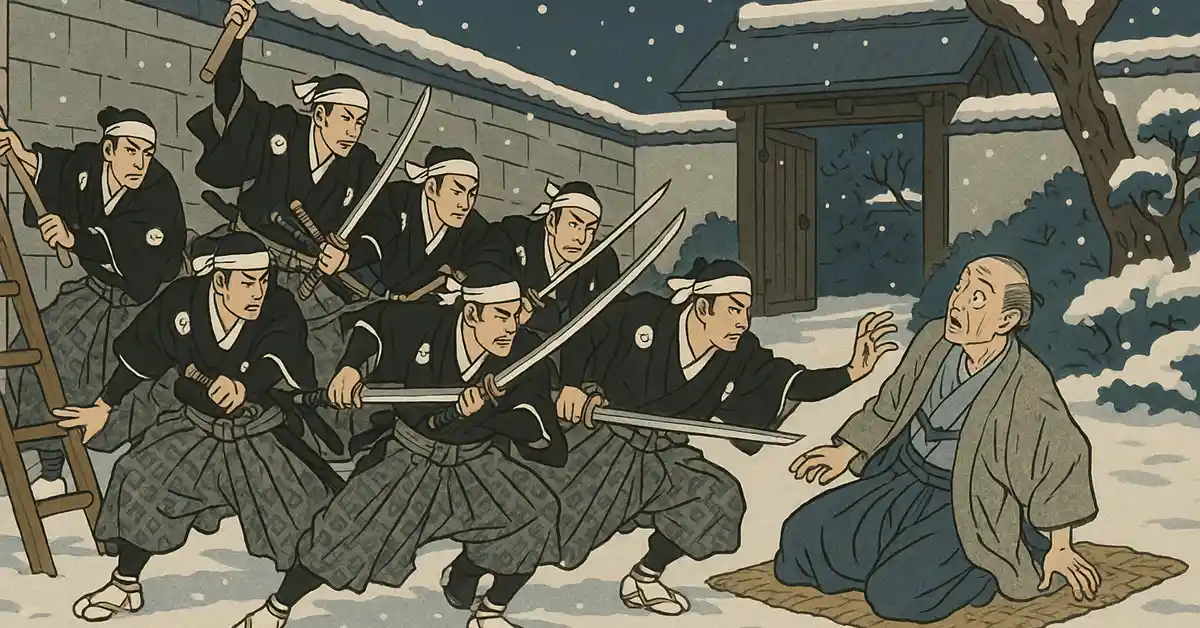 雪の夜、吉良邸討ち入りを思わせる浪人たちが屋敷前で刀を構える浮世絵風のイラスト
