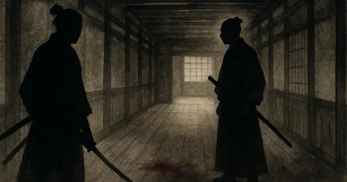 静かな城内の廊下で、向かい合う二人の侍のシルエットと床ににじむ血だまりを描いた、墨絵風のイラスト
