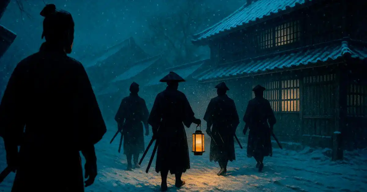 雪の夜、提灯の灯りを頼りに討ち入りへ向かう浪人たちが、静かな江戸の町並みを歩く姿を描いた横長のイラスト
