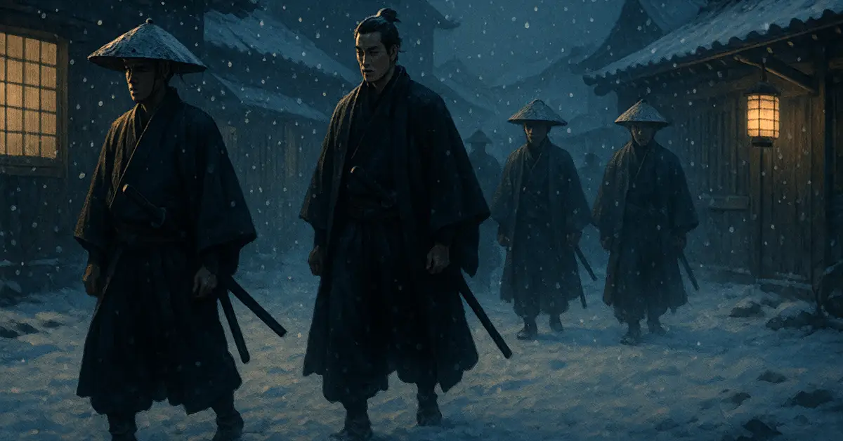 雪の降る夜の江戸の町を、提灯の灯りに照らされながら、黒装束の侍たちが静かに歩く情景（赤穂浪士を想起させるイラスト）