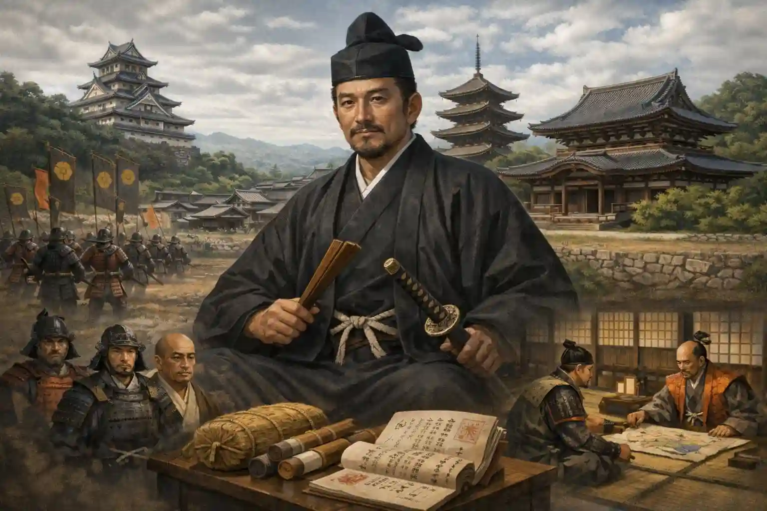 豊臣秀長の肖像イメージ。大和郡山城と城下町、寺社伽藍を背景に、軍議と検地帳・朱印状で内政と統治を象徴する。