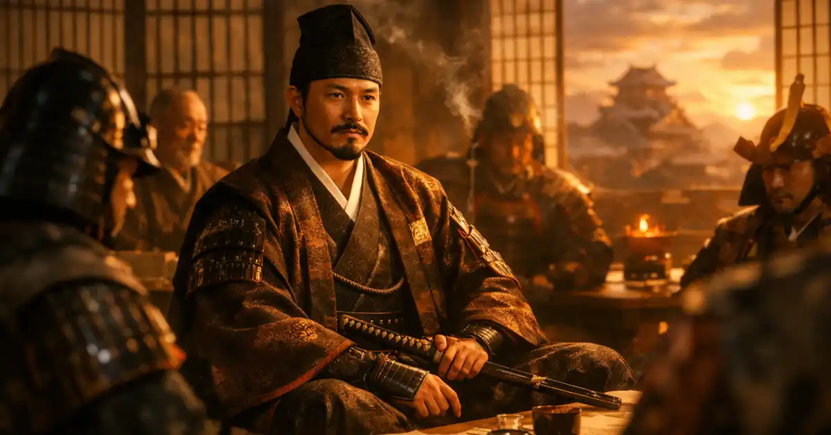 夕暮れの城下を背に、和室で正座しながら刀に手を添える武将風の男と、その周りを囲む甲冑姿の家臣たちが静かに軍議を行っている場面