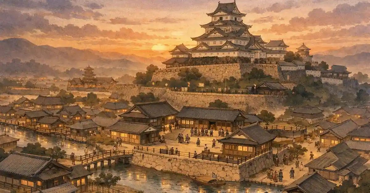 豊臣秀長が治めた大和郡山城と城下町をイメージしたイラスト。城と町並み、寺社、街道がつながり、大和支配のしくみを象徴している