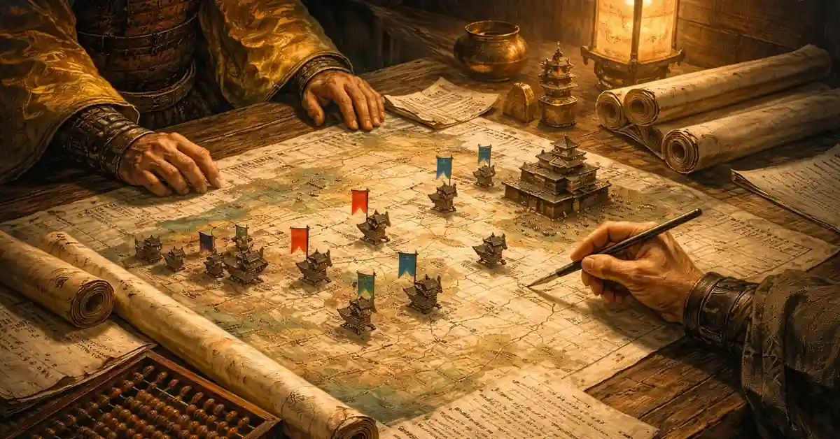 地図の上に城の模型と旗を並べ、戦国の軍議を行う様子