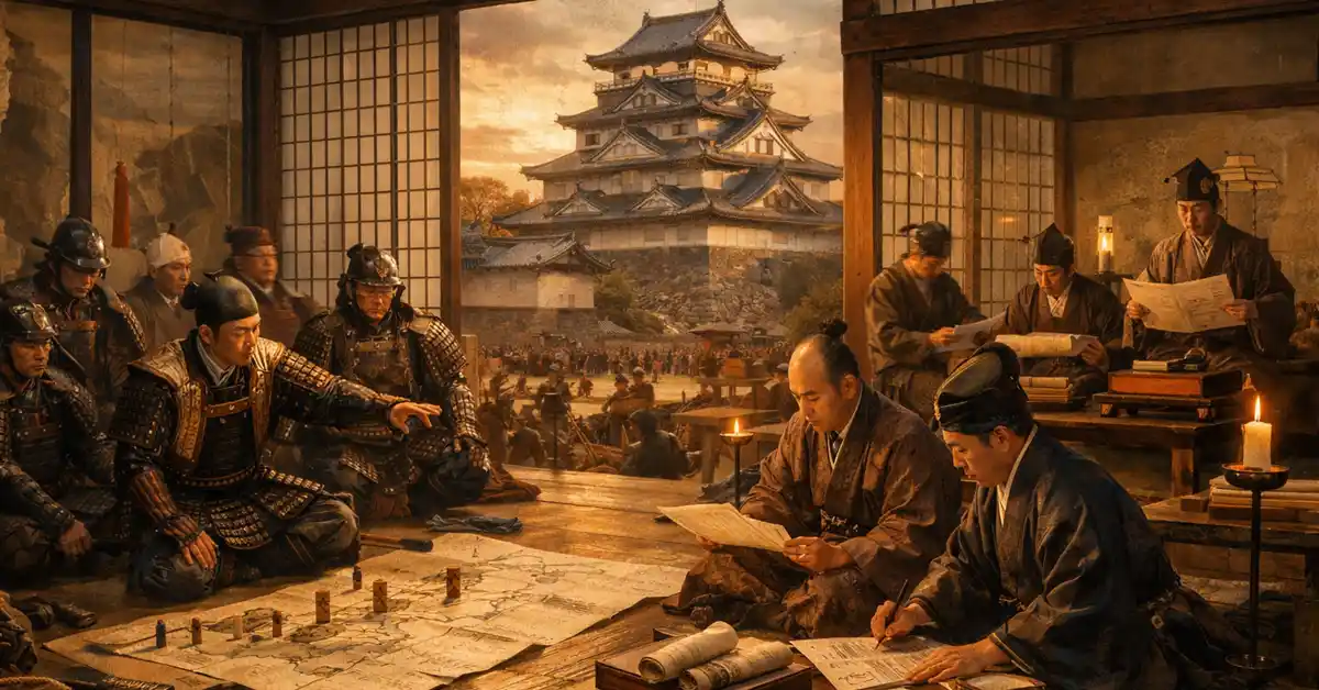 戦国時代の城内で、左側に甲冑姿の武将たちが地図を囲んで軍議を行い、右側で文官たちが文書や帳簿を整理している奥に城と兵士が見える、軍事と実務が同時に動く豊臣秀長家臣団をイメージさせる情景