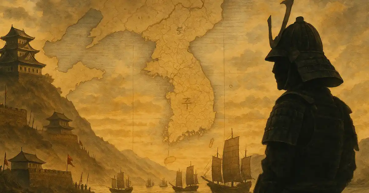 朝鮮半島地図を背景に、海上に進む倭船と沿岸の城郭、手前に武将シルエットが立つ文禄・慶長の役イメージイラスト