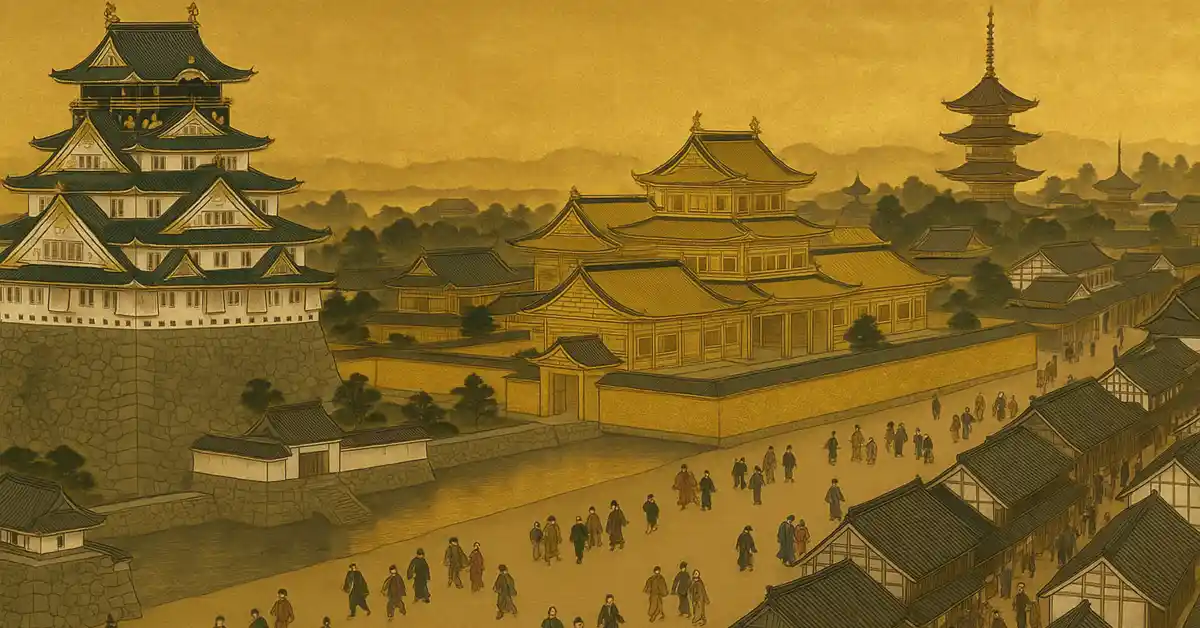 黄金色の空に包まれた大坂城と聚楽第、その手前に城下町の家並みと多くの人びとが行き交う、豊臣秀吉の華やかな都市空間を描いたイラスト