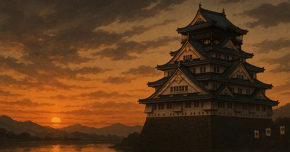 豊臣政権末期をイメージした、夕焼け空の下で川辺にそびえる大坂城と手前の城下町の屋根が描かれたイラスト