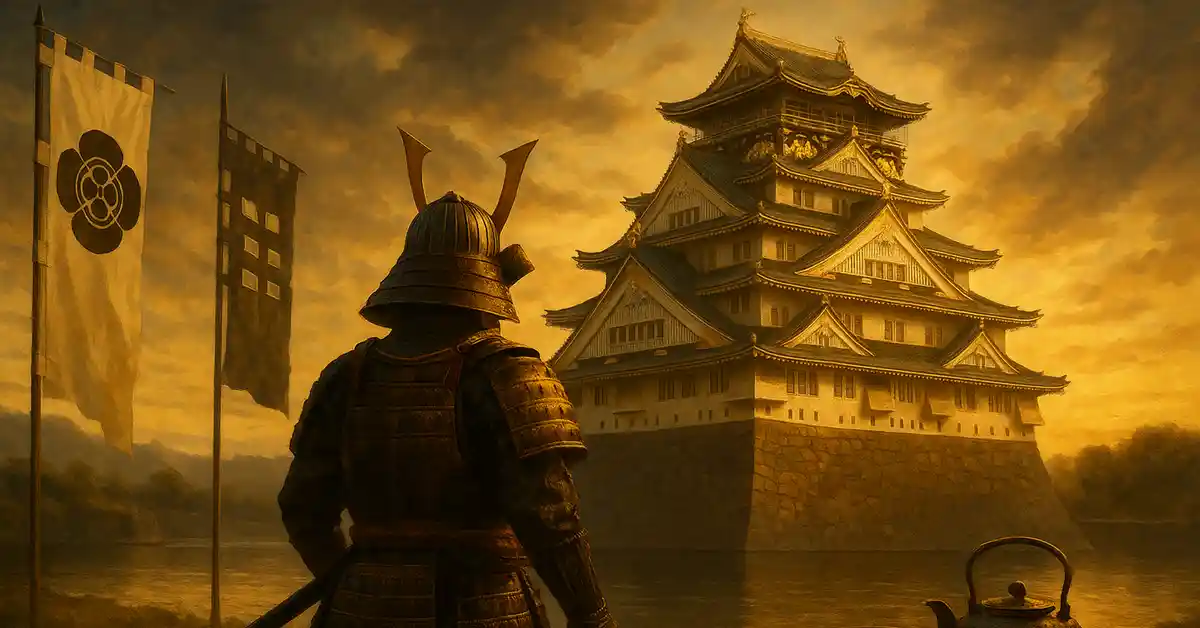 夕暮れの金色の空を背に、川越しにそびえる大坂城を甲冑姿の武将が地図と茶器の置かれた卓の前から見つめているイラスト