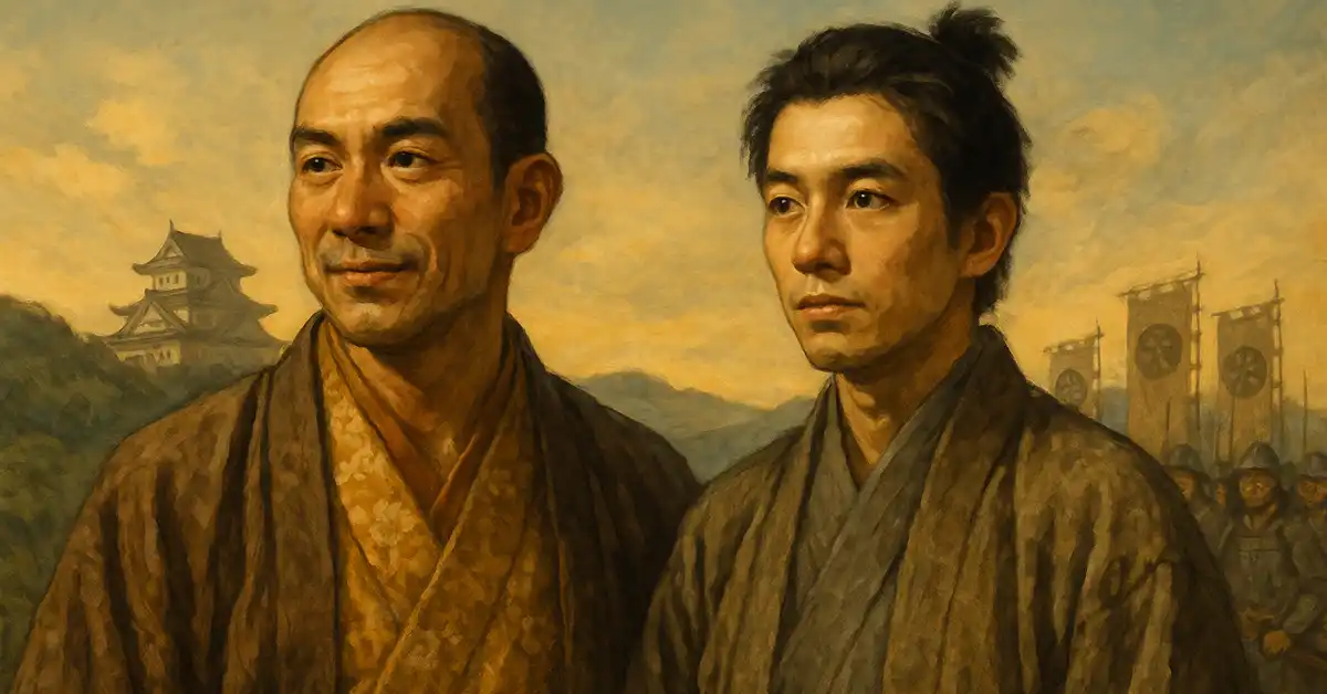 夕焼け色の空の下、金色の装いの兄と落ち着いた色合いの弟が並び立ち、遠景に城と軍勢の旗が見える豊臣兄弟をイメージしたのイラスト