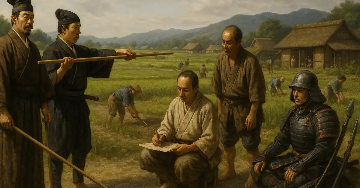 戦国末期から安土桃山時代の農村を舞台に、太閤検地を行う検地役人と農民たちが田んぼのあぜ道で土地を測量し、地面に座った書記が検地帳を書きつける様子を、端に座る甲冑姿の武士と足もとの刀・槍まで丁寧に描いた、横長構図のリアルな歴史情景イラスト