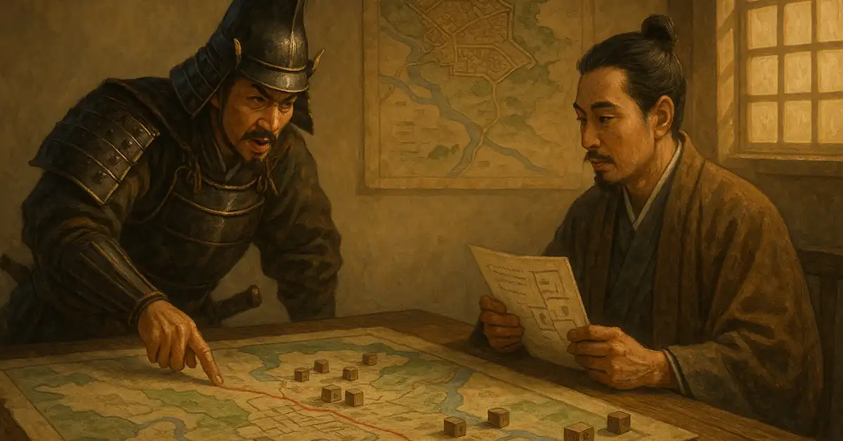 戦国時代の軍議の場で、豊臣秀吉が地図上の進軍ルートと軍勢配置を指し、豊臣秀長が領地配分や街道・年貢管理の書状を手に政権運営を支える様子を描いたイラスト