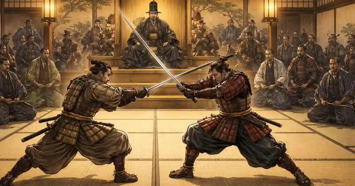 将軍の御前で、武士が剣術の試合を披露している場面のイラスト