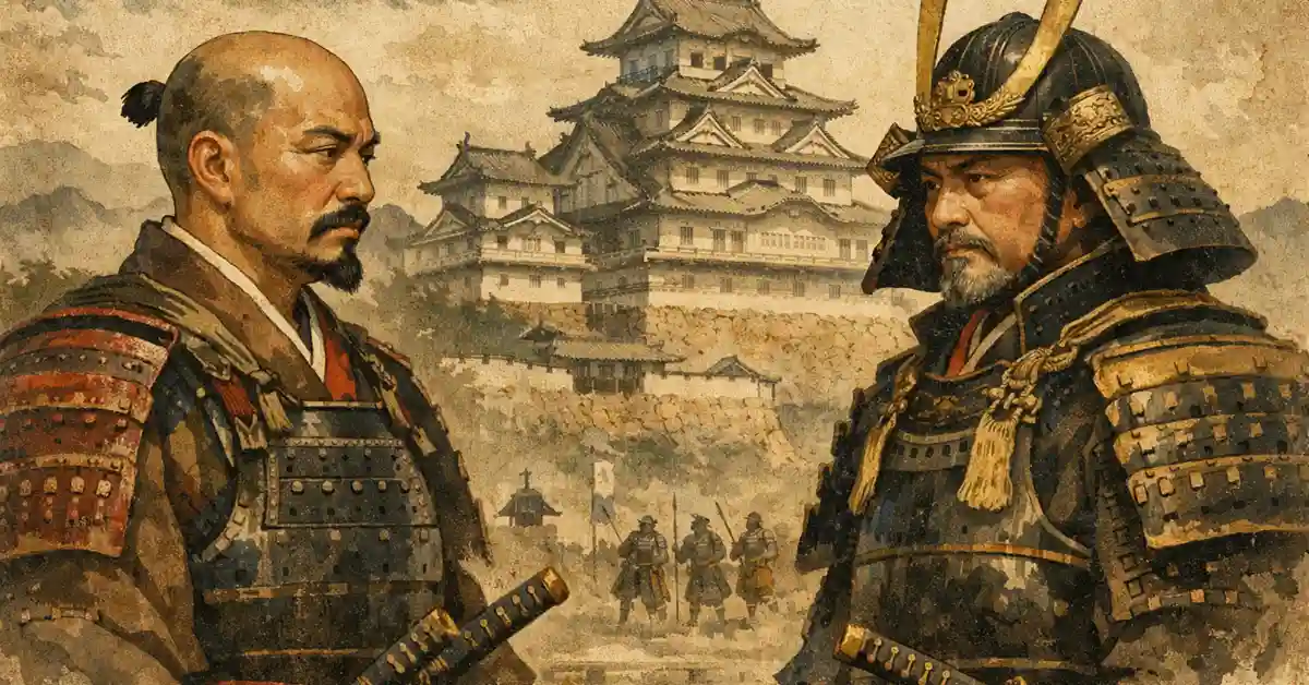 戦国時代の甲冑姿の武将二人が城を背景に向き合う、和風の歴史画イメージ