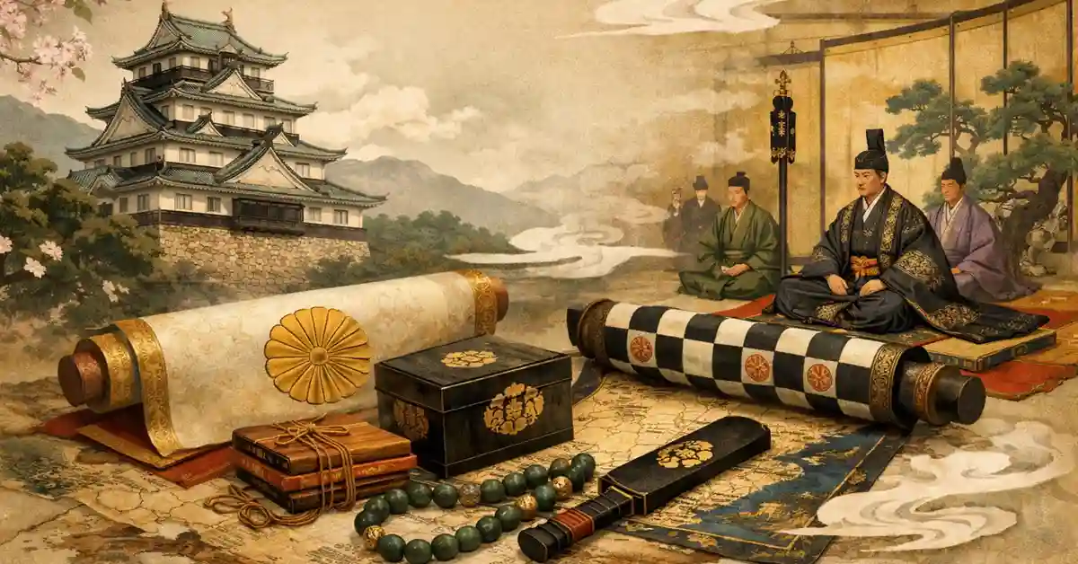 豊臣秀長の官位や受領名をイメージした、大和郡山城と巻物・文箱が並ぶ和風イラスト