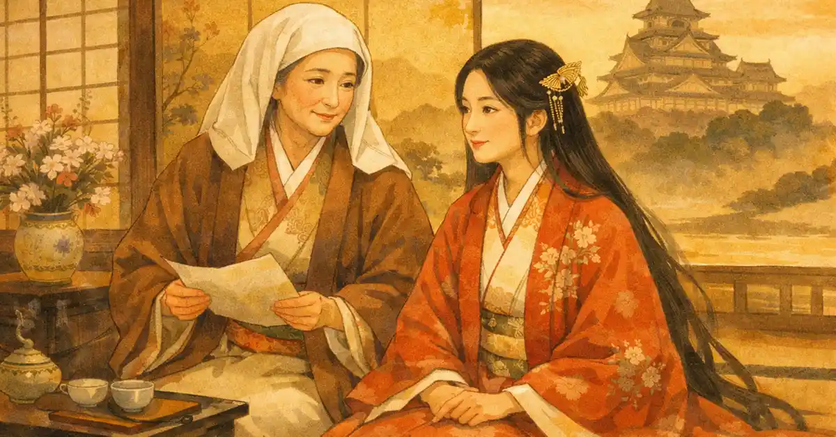 豊臣秀吉の母・大政所と妹・朝日姫が向かい合い、その背後に豊臣秀長と徳川家康、遠景に大坂城と金屏風が描かれた安土桃山時代風のイラスト