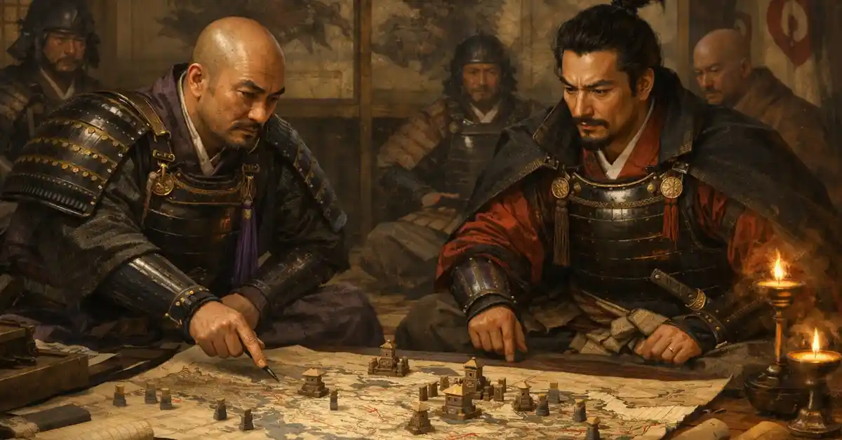 豊臣秀長と織田信長が甲冑姿で地図を広げ、家臣たちと戦略を練っているイラスト