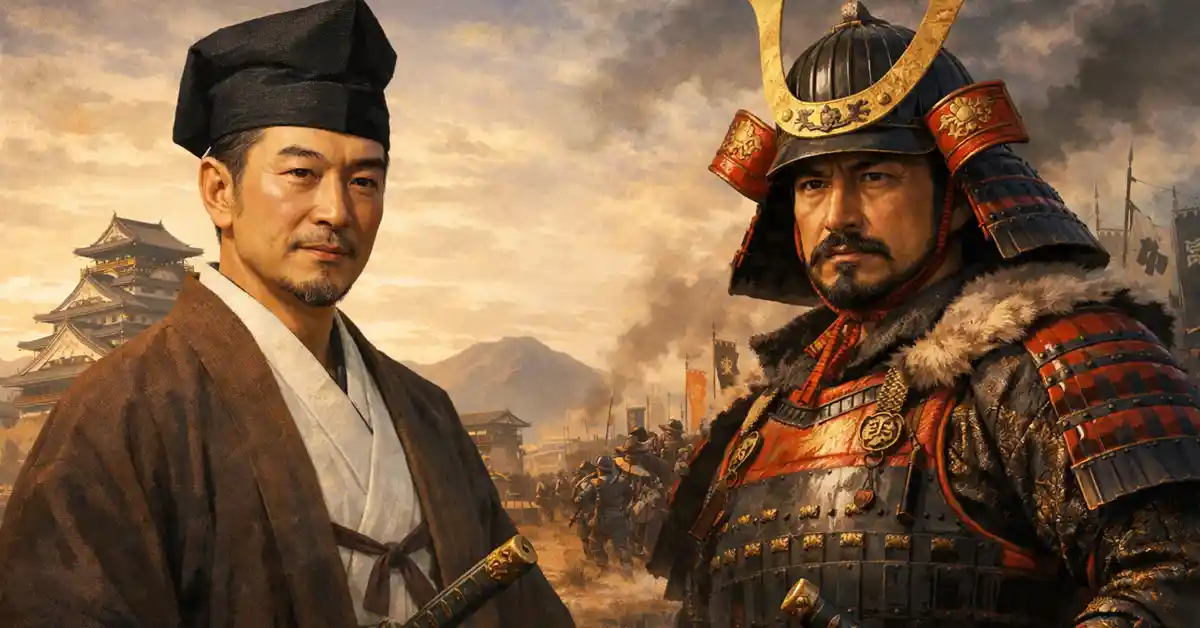 豊臣秀長（左・和装）と前田利家（右・甲冑）を並べた戦国武将イメージ。背後に城と戦場