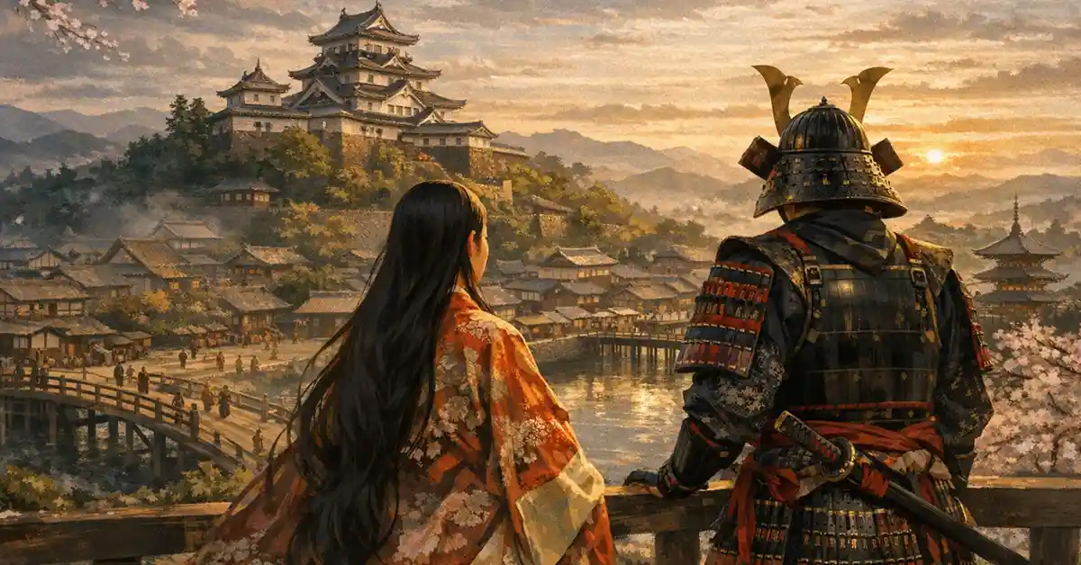 安土桃山期の城と町並みを背景に並び立つ武将と正室のイメージ