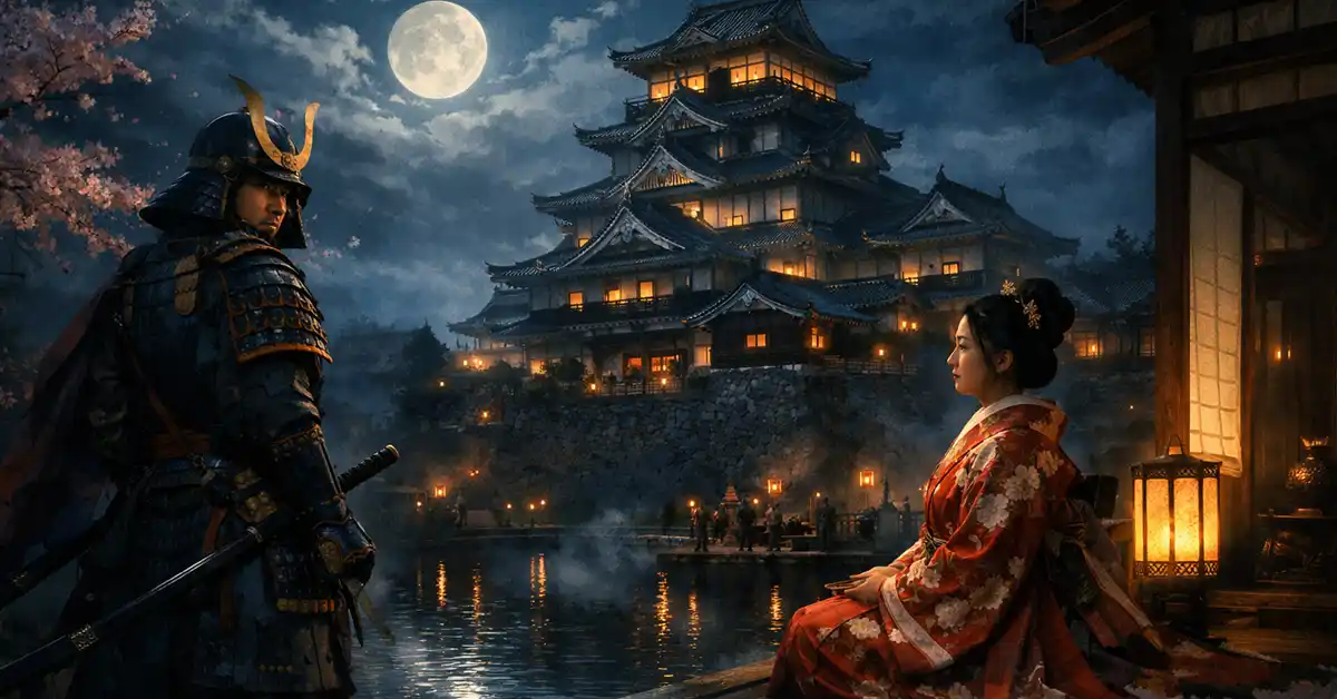 淀城を思わせる城郭が夜の水辺にそびえ、左に甲冑武将、右に華やかな着物姿の女性が座る、豊臣秀長と淀殿の関係をイメージした横長イラスト