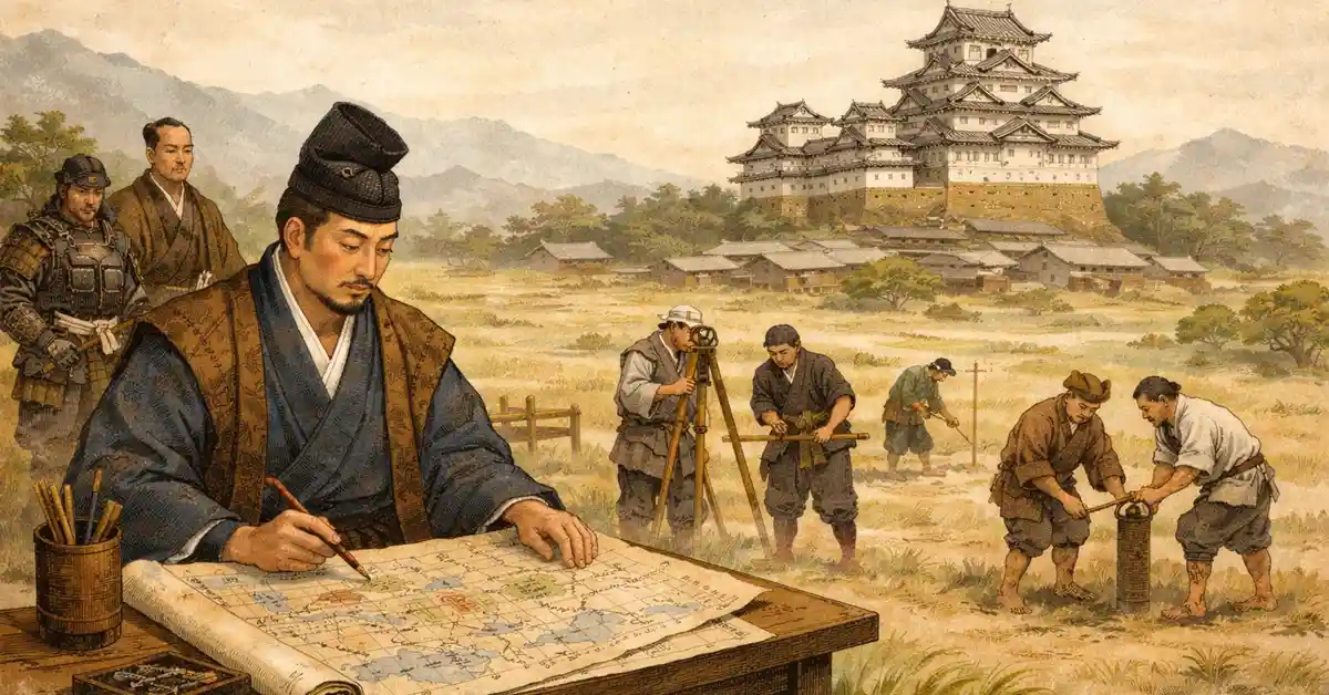 豊臣秀長が地図を広げて検地を指揮し、背後に城下町と農地が広がる戦国時代の情景