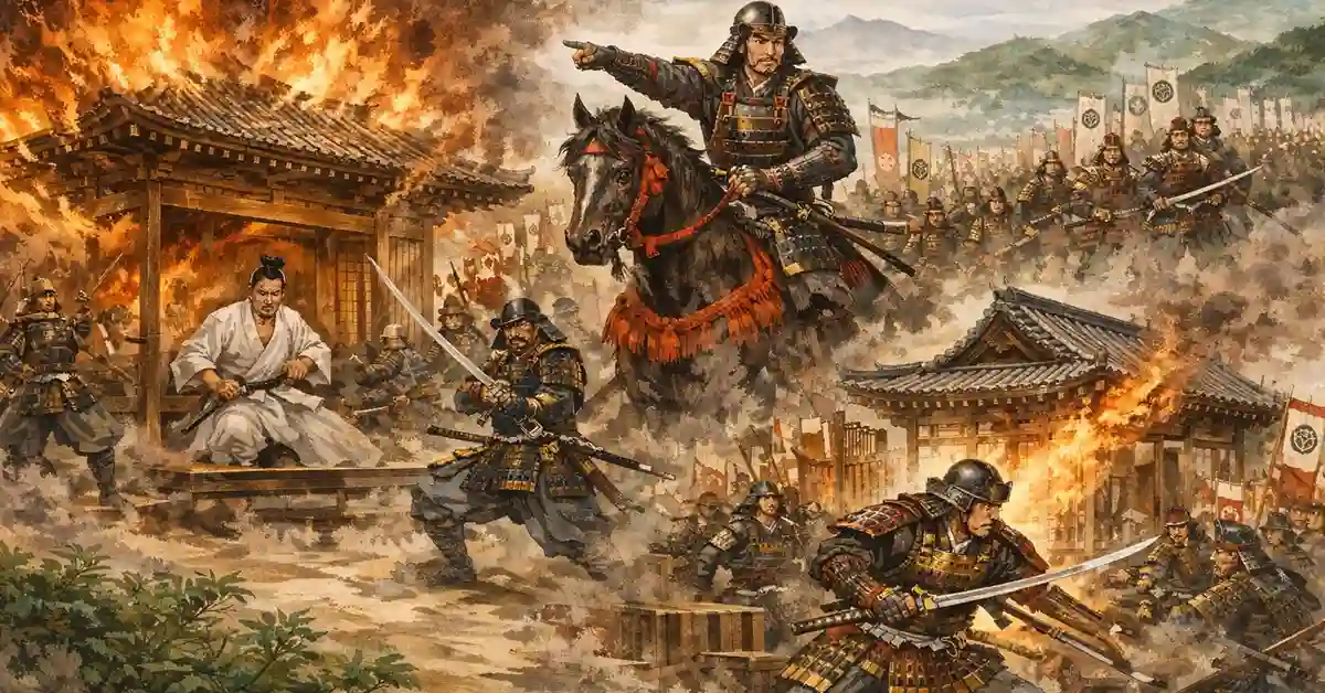 炎上する寺院と二条御所の戦いを背景に、武将と兵が駆ける本能寺の変イメージ