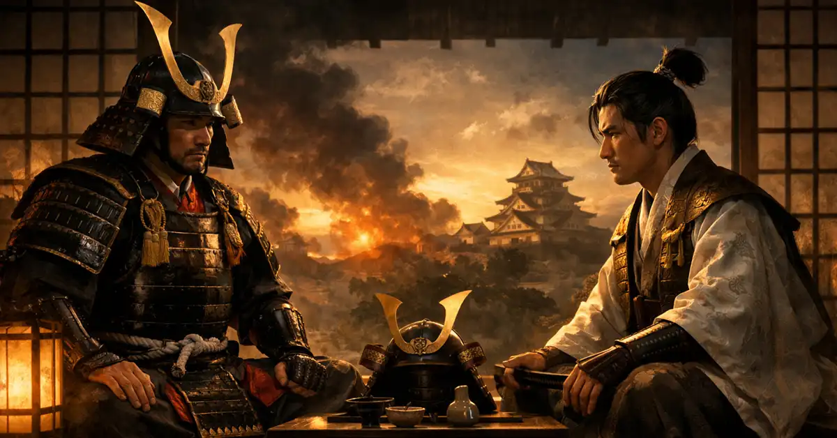 豊臣秀長が地図を広げて検地を指揮し、背後に城下町と農地が広がる戦国時代の情景