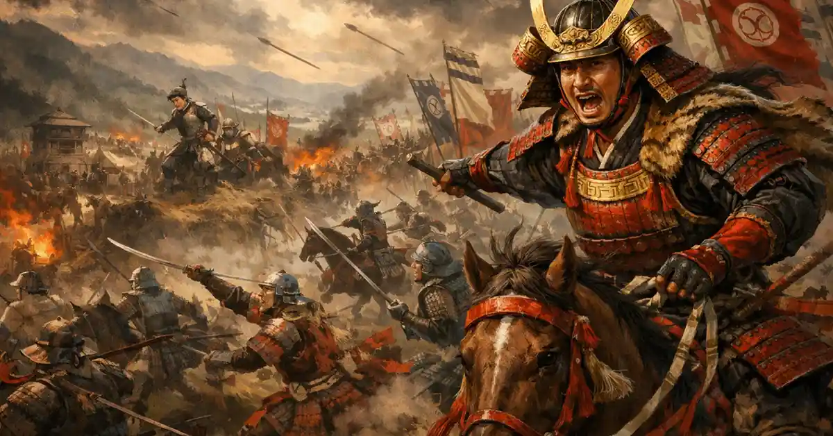 桶狭間の戦いをイメージした合戦シーン。甲冑姿の武将が馬上から軍勢を率い、炎と煙に包まれた戦場で激しくぶつかり合っているイラスト