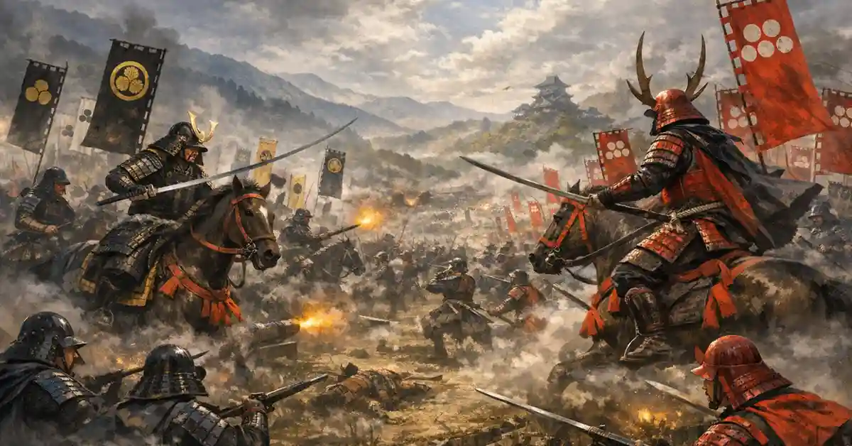 関ヶ原の戦いで東軍と西軍の軍勢が激突する合戦イメージ