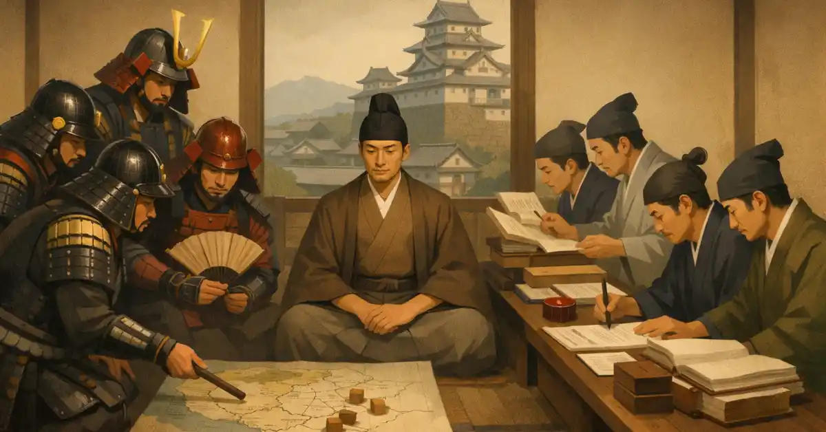 戦国時代の城と城下町を俯瞰した夜景イラスト。提灯と屋根瓦が柔らかく光り、豊臣秀長の「裏方仕事」を連想させる静かな雰囲気の町並みが広がっている