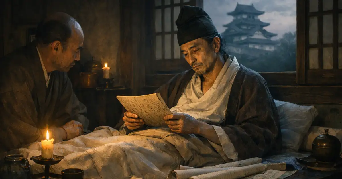 病床で書状を見つめる豊臣秀長のイメージ。ろうそくが照らす薄暗い部屋で医師が寄り添い、窓の外に郡山城がかすんで見える情景