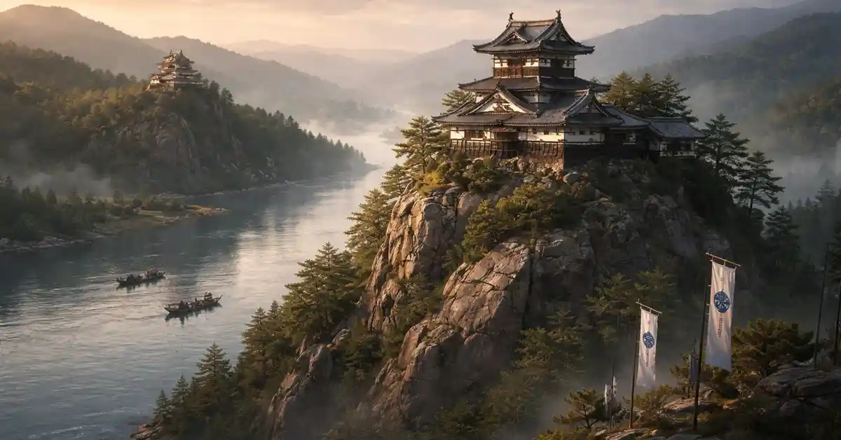 鵜沼城をイメージした山城が木曽川の断崖上にそびえ、対岸に犬山城が見える夜明けの川景色