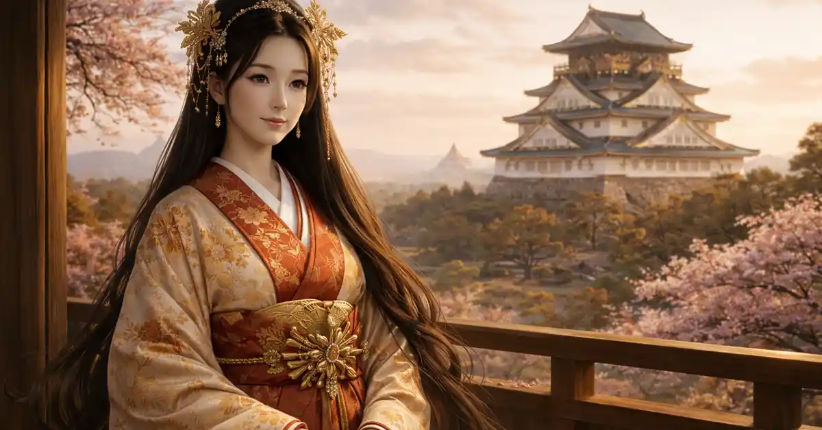 夕暮れの大坂城を背景に、木造の縁側に立つ淀殿（茶々）をイメージした戦国時代の高貴な女性。華やかな着物をまとい、静かな表情で遠くを見つめている実写風イメージ