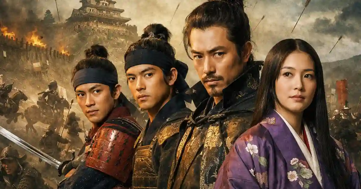 戦国時代の合戦と炎上する城を背景に、豊臣兄弟と織田信長、姫君が並ぶ緊迫感あるイメージ（豊臣兄弟！第6話向けアイキャッチ）