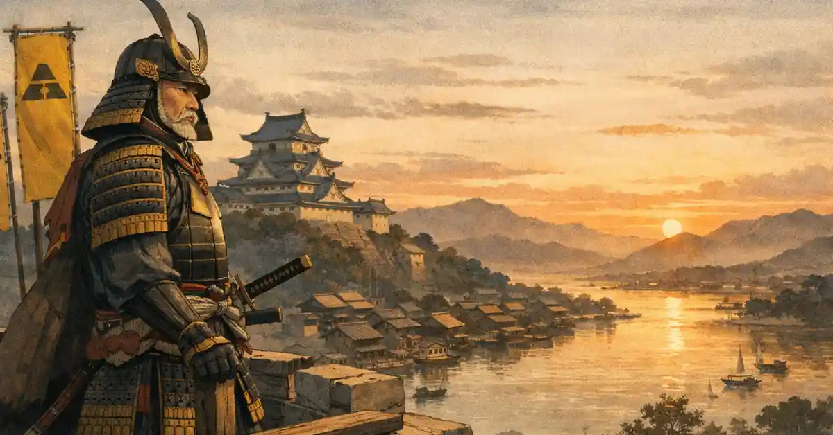 夕暮れの川沿いの城下町を見下ろす天守と城郭、その手前の石垣上に甲冑姿で立つ老練な武将蜂須賀正勝をイメージした戦国風画像