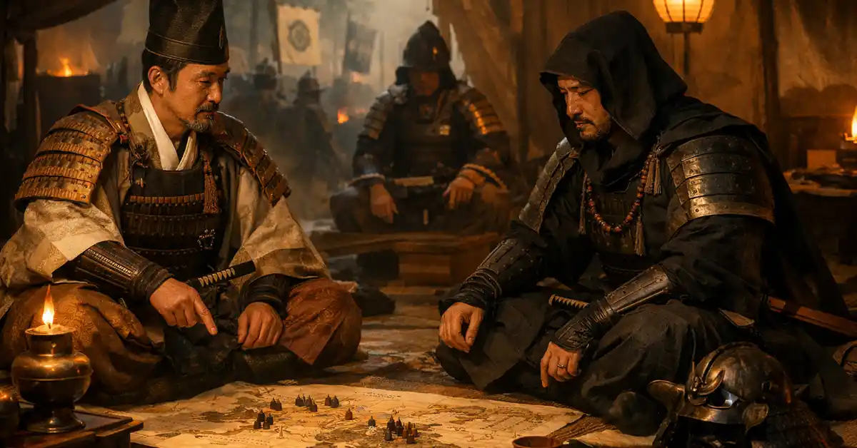 戦陣の陣幕の中で地図を前に向かい合い、作戦を練る豊臣秀長と黒田官兵衛の横長イメージ