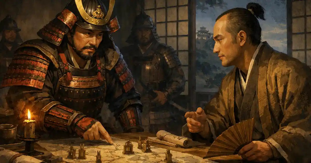 豊臣秀吉と竹中半兵衛がろうそくの灯りの下で軍議をする和風イラスト