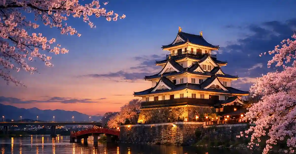 墨俣一夜城の天守と桜並木が夕暮れの川面に映り込む横長の風景写真