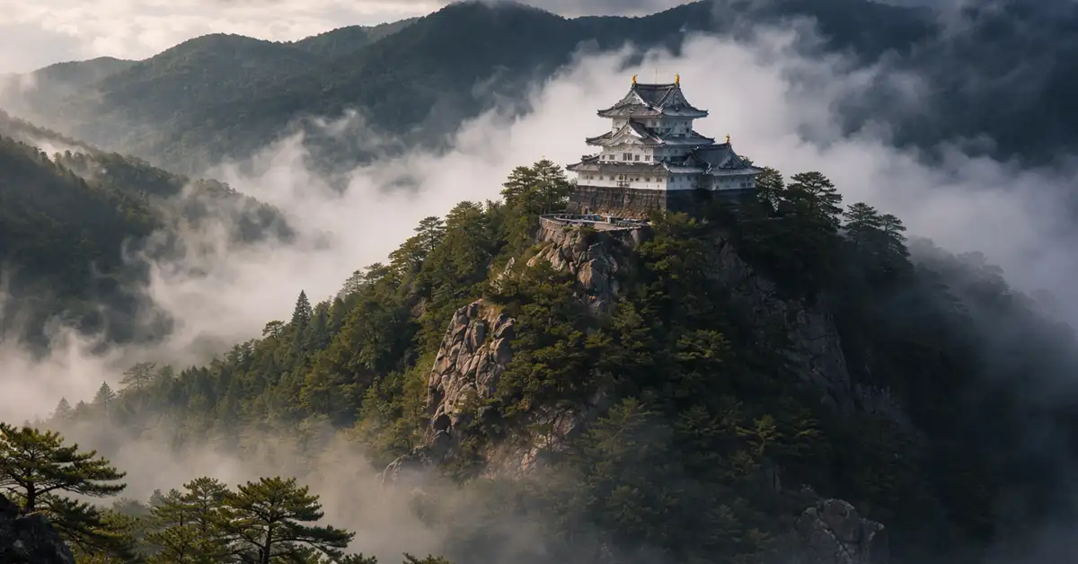 金華山の岩山の頂に建つ稲葉山城（岐阜城）が、周囲を雲海と山並みに囲まれて浮かび上がる早朝の幻想的な風景