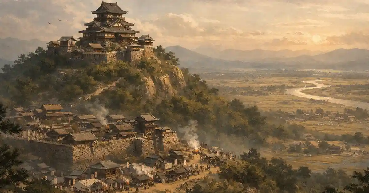 小牧山城と城下町、濃尾平野を一望する戦国期の前線拠点を俯瞰したイラスト