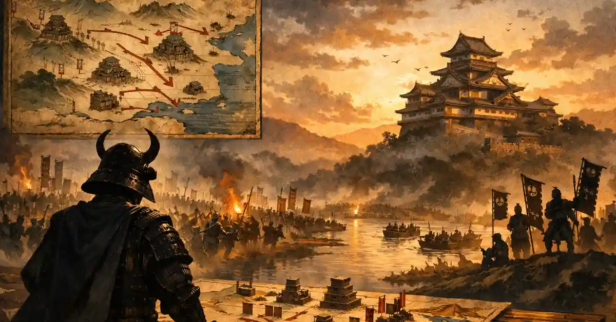 黒田官兵衛を思わせる甲冑姿の武将が戦略地図を前に立ち、夕焼け空の下で城と川辺の軍勢が対峙するイラスト